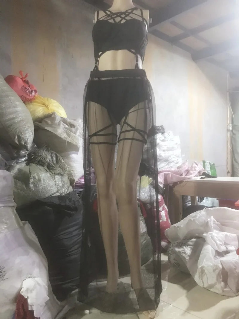 Gothic Mesh Backless Crop Top & Skirt Set - 3 Piece