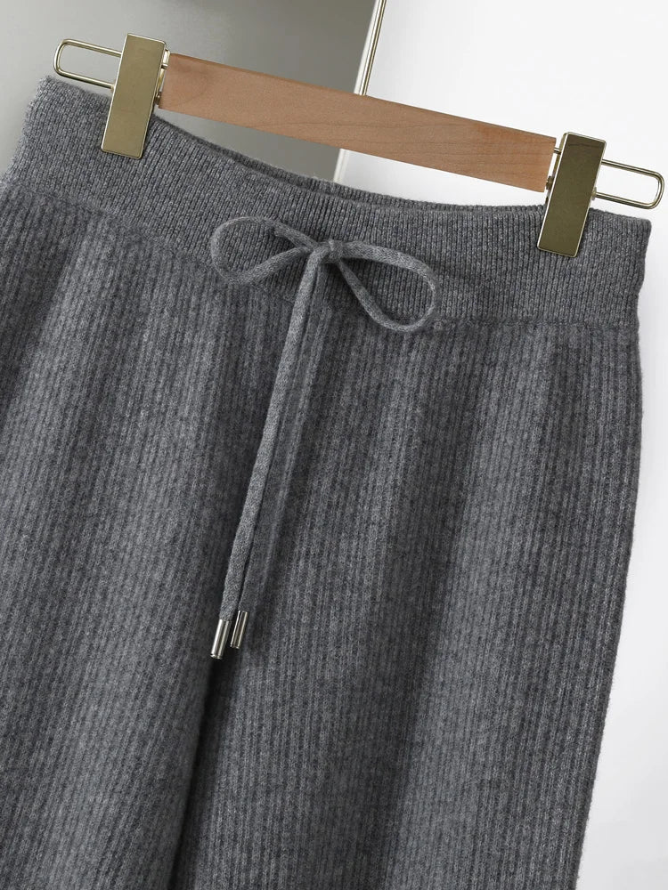 Yoyoselect New Popular Women Wide-Leg Wool Pants 100% Merino Wool Quality Soft Trousers Basic Casual Knitted Elastic Waist Slack SS69
