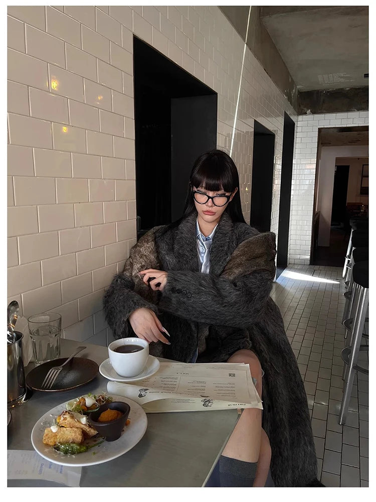 Mauroicardi Autumn Winter Oversized Extra Long Warm Thick Gray Wool & Blends Coat Women Loose Casual Fluffy Korean Fashion 2024
