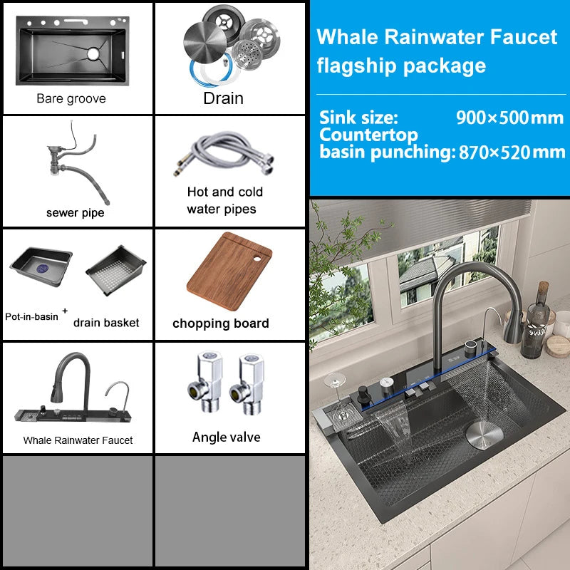 BOSX Stainless Steel Kitchen Sink with Waterfall Faucet