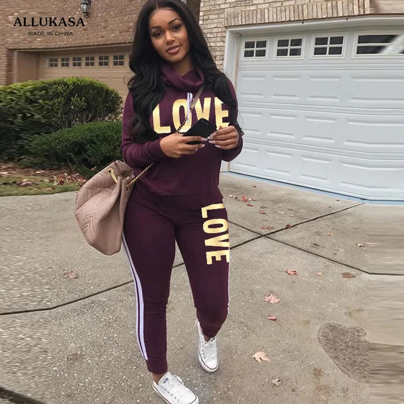 2 Piece Set Women Outfit LOVE Letter Print High Neck Hoodies Sweatshirt Pants Tracksuit 2022 Plus Size Streetwear Casual Suit SS69