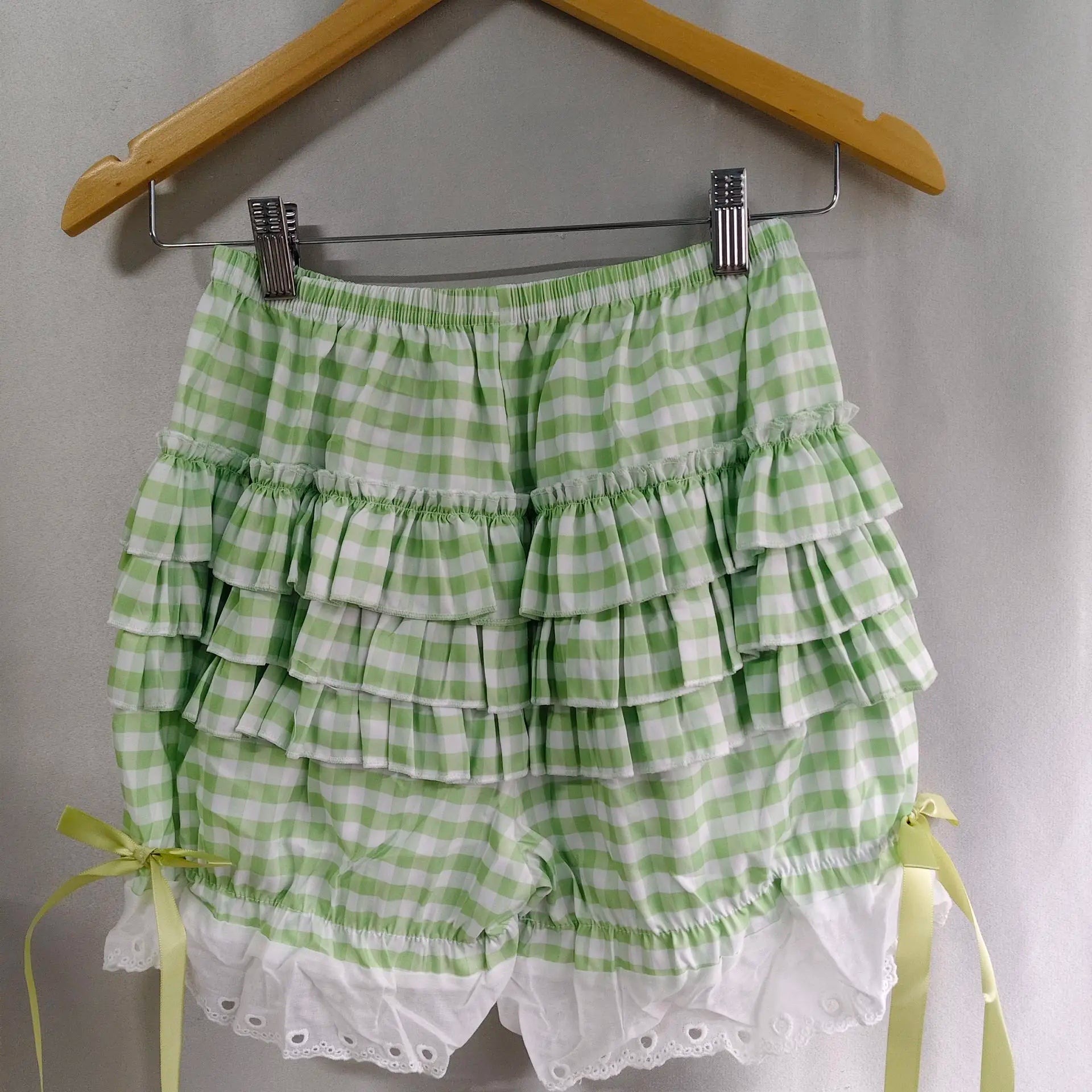 Kimotimo Women's Green Plaid Bow Skirt Shorts
