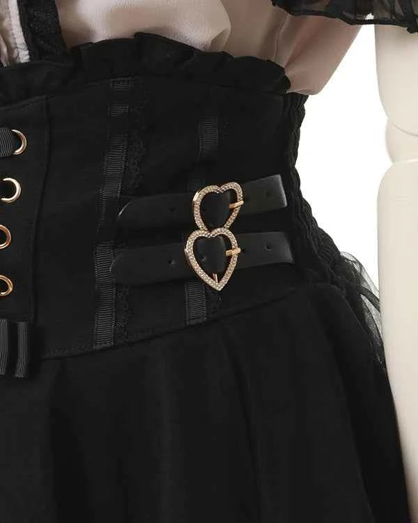 Japanese Liz New Summer Lace Edge Leather Ring High Waist Pleated Skirt Ribbon Bow All-match Short Skirts Big Bow Lolita Blouses