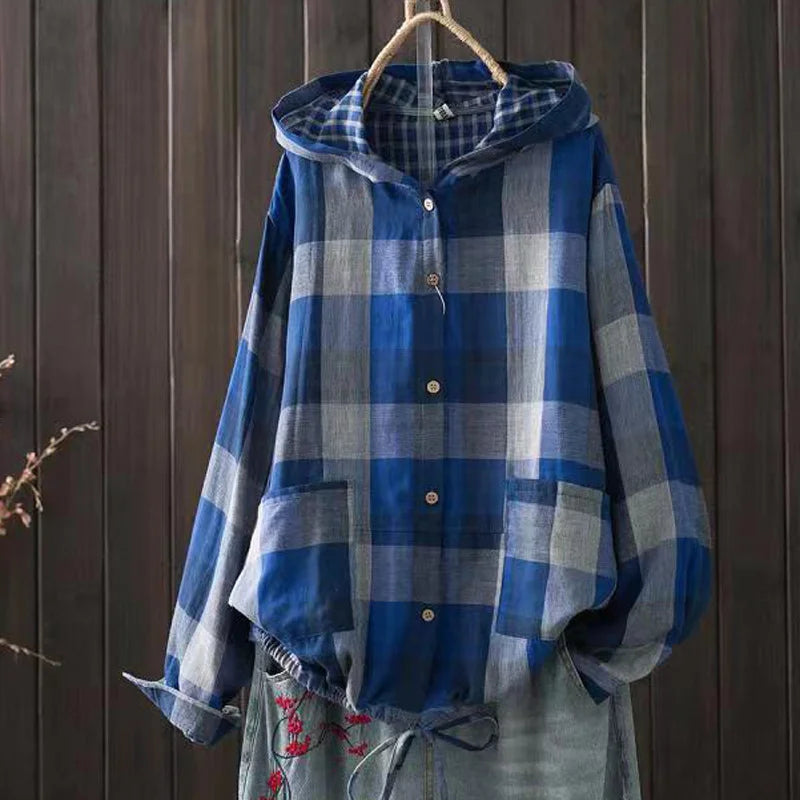Large size blouses for women autumn spring hooded long sleeve single-breasted plaid shirts oversized shirt top female hoodies
