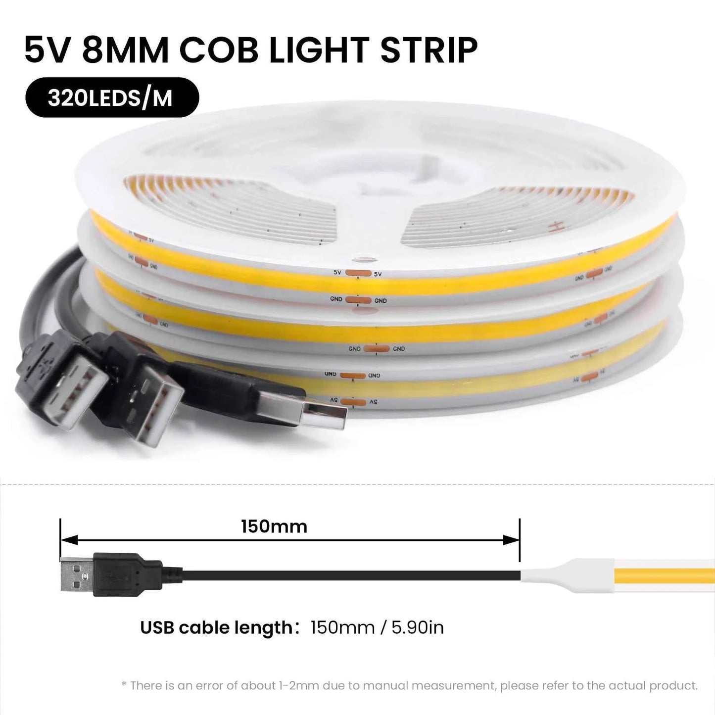 DC 5V USB COB Strip 3MM 5MM 8MM White/Pink/Red/White/Yellow/Yellow/Ice Blue/Green Flexible Ribbon Rope Home Decor TV Backlight