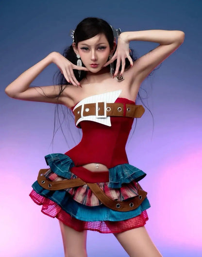 Preppy Style Vintage Red Denim Bustier Tops + Sweet Spicy Pure Design Mini Cake Skirt Women 2 Piece Sets Summer 2025 Korea Style SS69