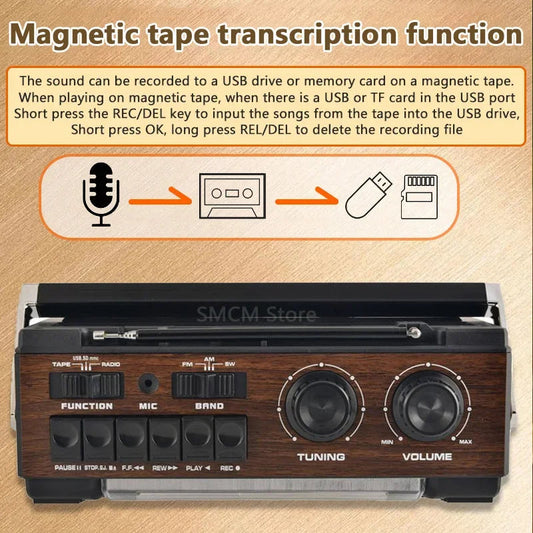 Portable Vintage Retro USB AM/FM/SW Multiband Radio Stereo Wireless Bluetooth Boombox Mp3 Audio Cassette Tape Player Recorder TF SS69