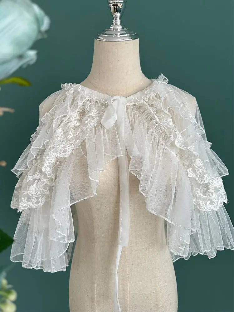 Women's Lace Mesh Short Shawl Poncho - Open Front Ruffled Collar