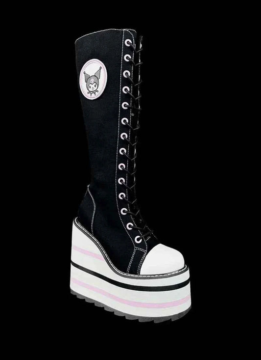 Canvas Check Platform Knee-high Boots Women Metal Chain Round Toe Wedges Cross Tied Lolita Heighten Shoes 2025 Lovely Sexy Boots