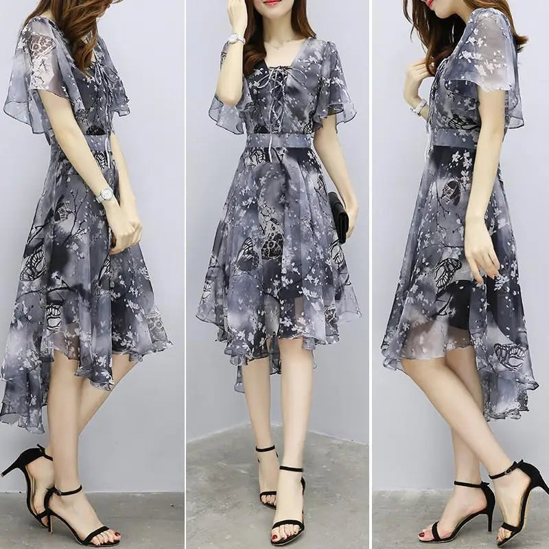 Women floral Chiffon Flower Dress 2026 trends new in Ladies Elegant V Neck short Sleeve korean style Summer Dress Female Clothes