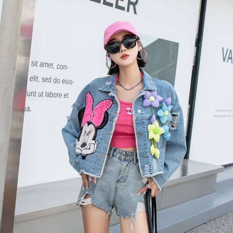 Fashion Brand Jeans Coat Women's Spring Autumn New Heavy Industry Cartoon Sequins Chaqueta High Street Loose-Fitting Denim Coats - SS69