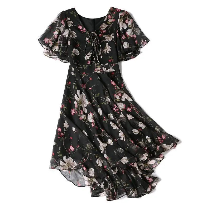 Women floral Chiffon Flower Dress 2026 trends new in Ladies Elegant V Neck short Sleeve korean style Summer Dress Female Clothes