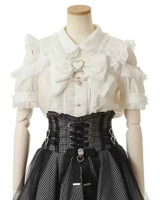 Japanese Mine Off-Shoulder Pearl Collar Cute Sweet Big Bow Shirt Skirt Outfit Women Summer New Lolita Short-Sleeved Shirt Skirts