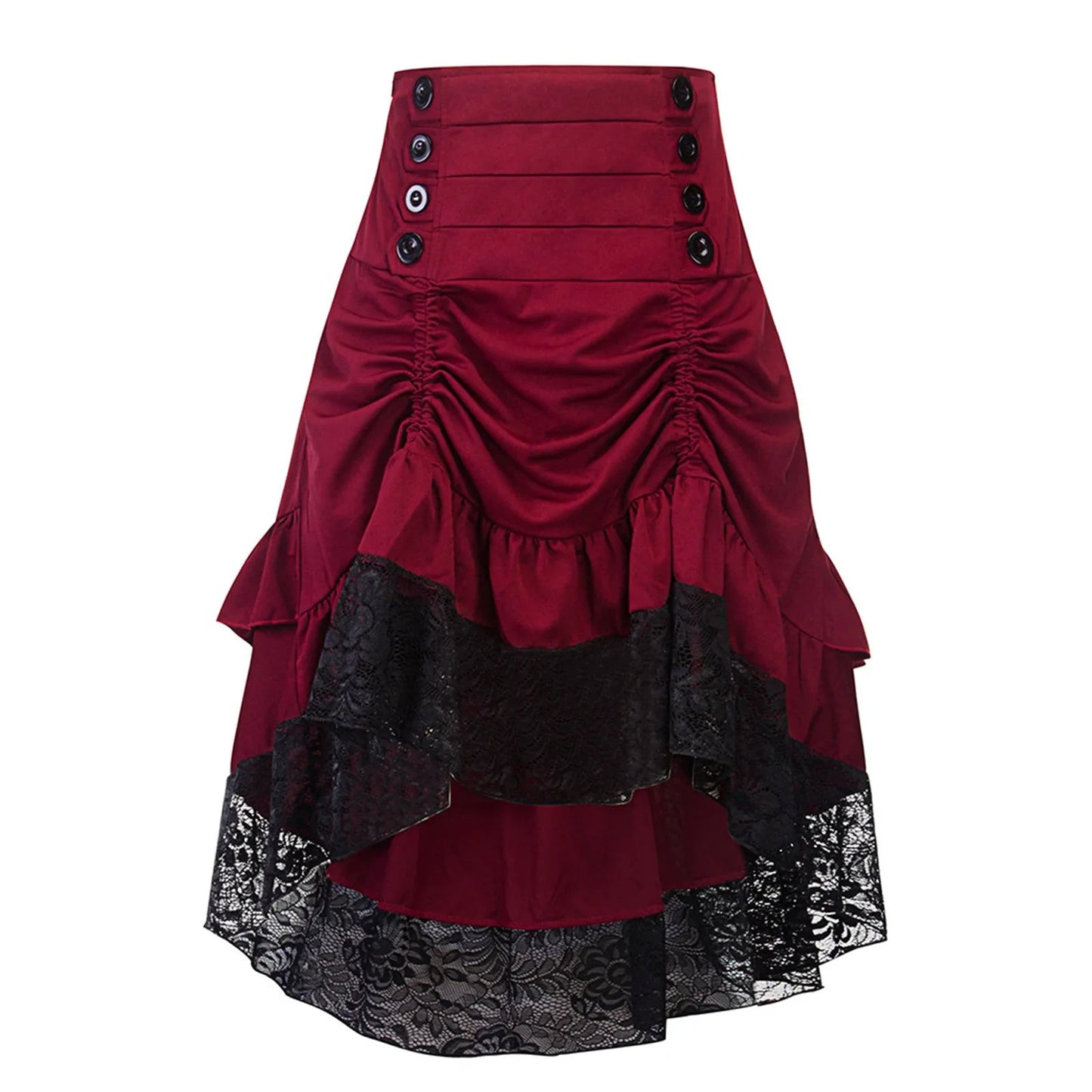 Steampunk Women's Skirts Button High Waist Ruffle Lace Stitching Irregularity Hem Gothic Skirt Medieval Victorian Party Faldas SS69 25.69 Red / S / CHINA