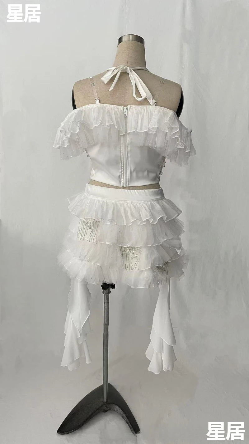 Women's Rhinestone Sling Top & Ruffled Skirt Jazz Dance Costume