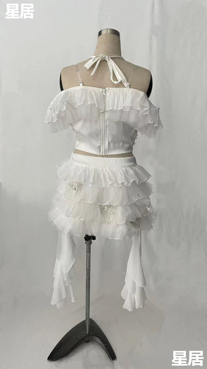 Kpop Singer Sexy Rhinestones Sling Tops Irregular Ruffled Skirts Stage Performance Outfits Women Nightclub Dj Jazz Dance Costume