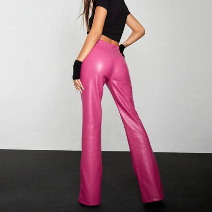 Sexy Low Waist PU Leather Flare Pants Women Vintage Disco Pink Bell-bottom Pants Ladies High Street Black Trousers Clubwear New SS69