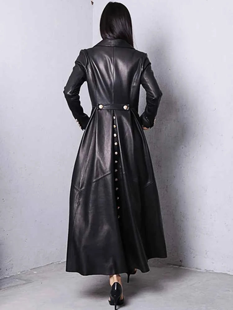 Lautaro Autumn Long Skirted Red Black Faux Leather Trench Coat for Women Double Breasted Elegant Luxury Fashion 4xl 5xl 6xl 7xl