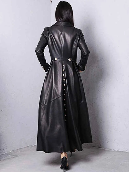 Lautaro Autumn Long Skirted Red Black Faux Leather Trench Coat for Women Double Breasted Elegant Luxury Fashion 4xl 5xl 6xl 7xl