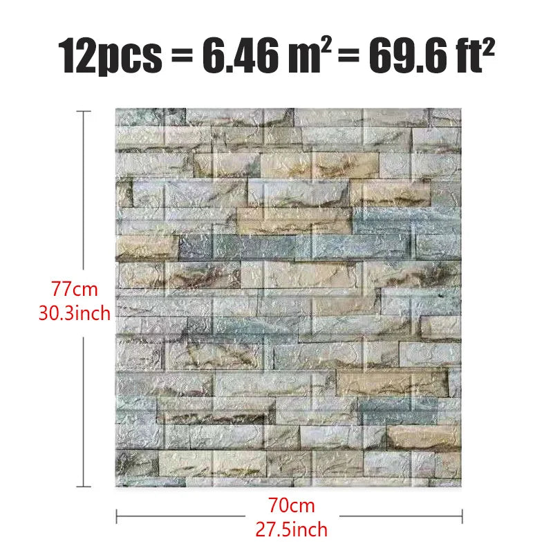 3D Foam Brick Wall Stickers, Waterproof Peel & Stick Panels 70x77cm