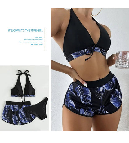 Women 2024 New Bikinis 6 Colors Sexy Halter Bikini 3 Piece Set Leafs Print High Waisted Swimsuit Beach Bathing Suit Size S-XXL SS69
