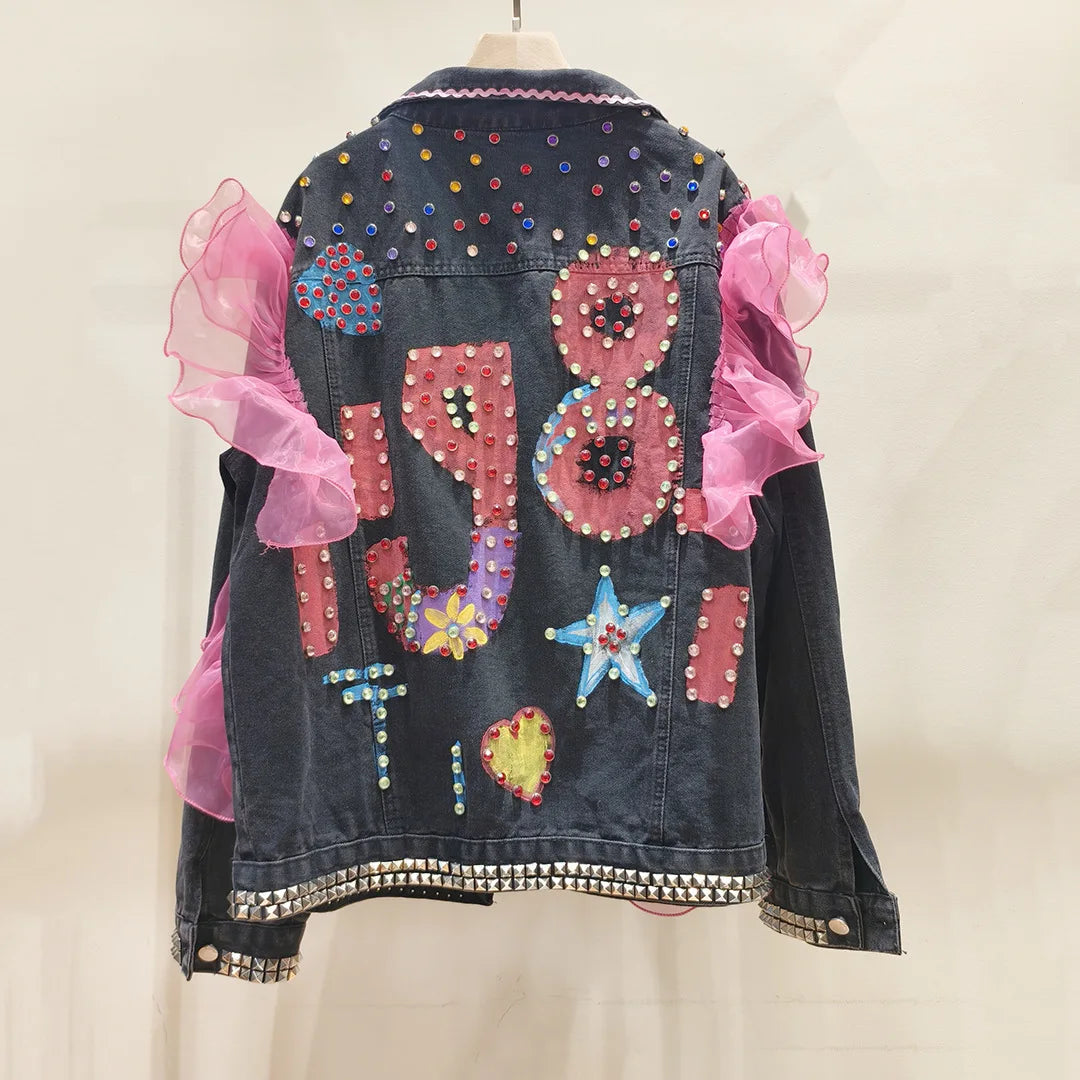 Graffiti Sequins Lace Diamonds Beaded Mesh Splice Ruffles Denim Coat Loose Rivets Jeans Jacket Cardigan Rhinestones Cowboy Tops SS69