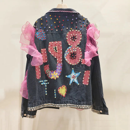 Graffiti Sequins Lace Diamonds Beaded Mesh Splice Ruffles Denim Coat Loose Rivets Jeans Jacket Cardigan Rhinestones Cowboy Tops SS69