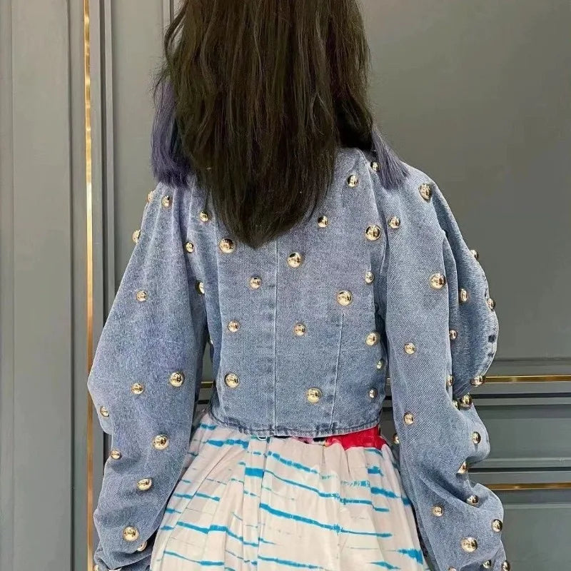 Spring Autumn Women Rivets Long Lantern Sleeve Denim Coat Short Pearls Beading Jeans Bomber Jacket Cowboy Cardigan Tops 2023 SS69