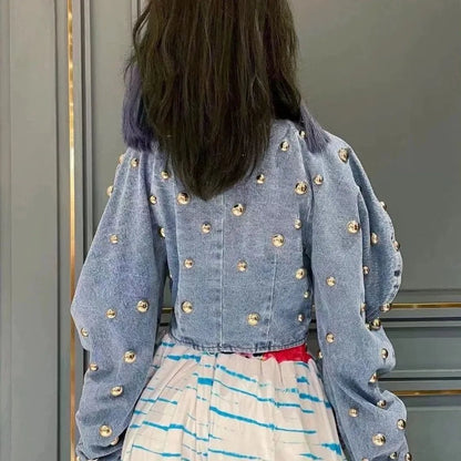 Spring Autumn Women Rivets Long Lantern Sleeve Denim Coat Short Pearls Beading Jeans Bomber Jacket Cowboy Cardigan Tops 2023 SS69