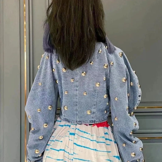 Spring Autumn Women Rivets Long Lantern Sleeve Denim Coat Short Pearls Beading Jeans Bomber Jacket Cowboy Cardigan Tops 2023 SS69