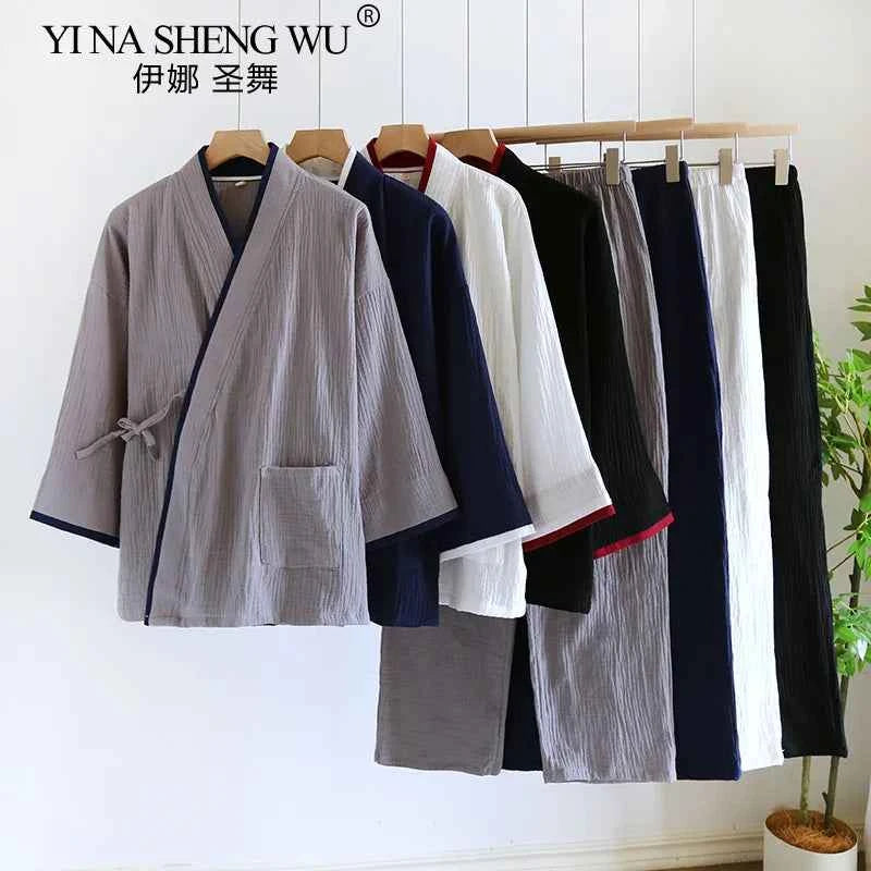 Japanese Style Spring and Autumn Thin Men's Kimono Hanfu Pure Cotton Gauze Pajamas Plus Size Home Steaming Suit