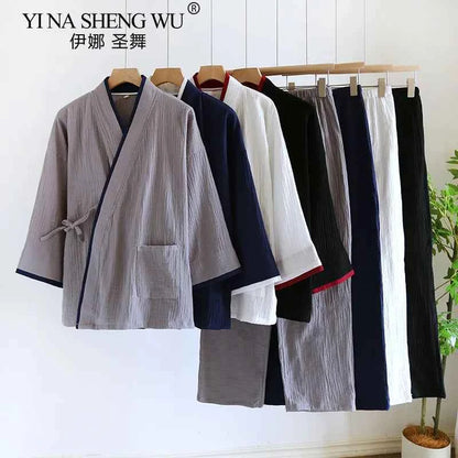 Japanese Style Spring and Autumn Thin Men's Kimono Hanfu Pure Cotton Gauze Pajamas Plus Size Home Steaming Suit