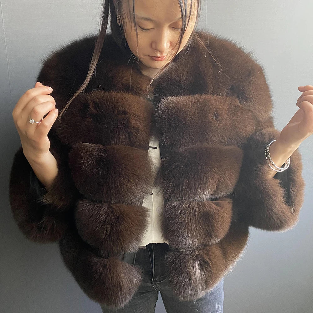 WGLUVF Women's Real Fox Fur Short O-Neck Coat