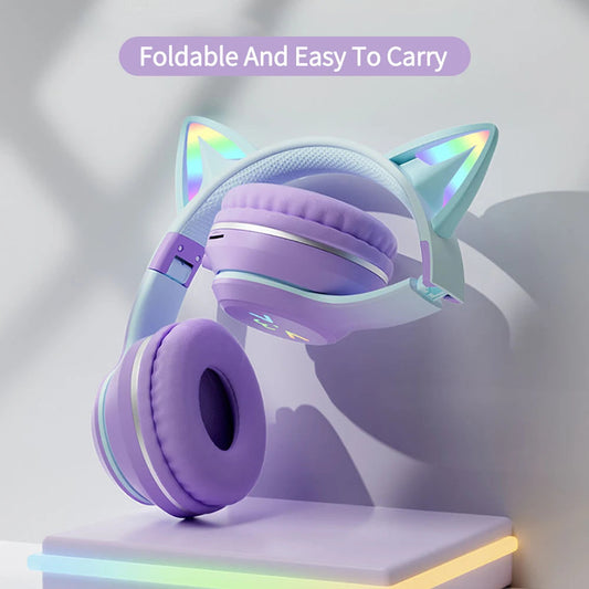Gradient wireless Headphones RGB cute cat ear Bluetooth Earphones with microphone Stereo Music Game Earphone Girls Kids Gifts SS69