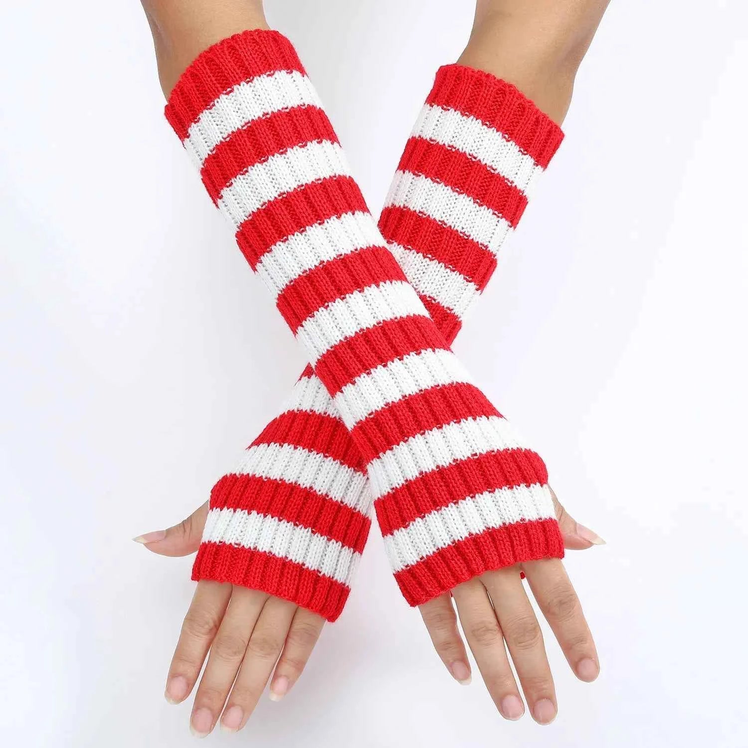 Gothic Striped Knitted Fingerless Arm Sleeves Black White Striped Winter Long Arm Warmers Girls Harajuku Y2K Wrist Gloves
