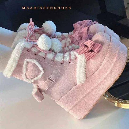 pink Sweet Winter Girls Lolita Mid-Calf Snow Boots,Cute Female Students Plush Warm Bowknots Lace Up Wedge Heel Heightening Shoes