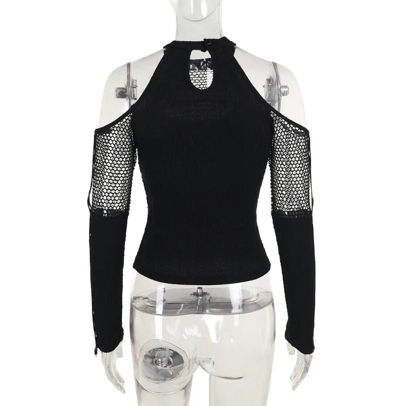 Goth Dark Fishnet Patchwork Off Shoulder Halter Top