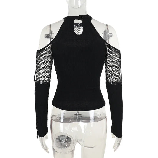 Goth Dark Punk Grunge Fishnet Patchwork Off Shoulder T-shirts Trim Corn Strap Halter Tops Autumn Mall Gothic Streetwear T-shirt