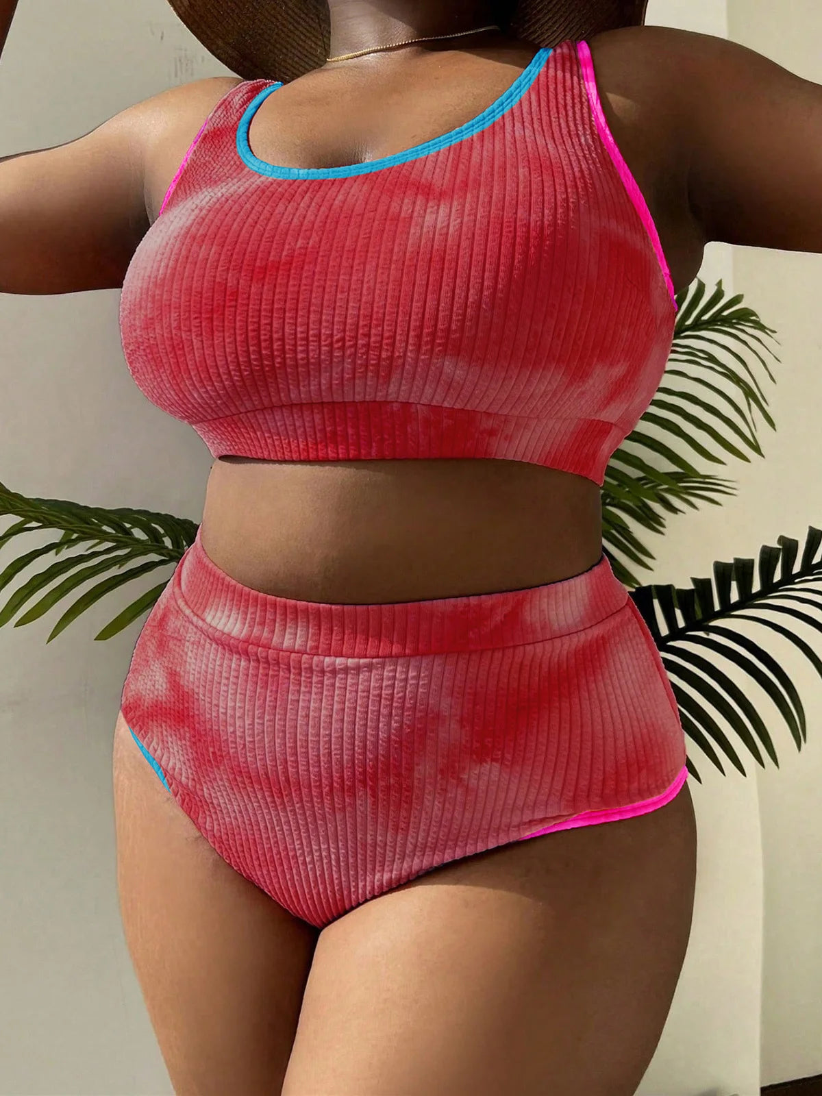 0XL - 4XL New Tie Dye Bikini Large Size Swimwear Plus Size Women Swimsuit Female Two-pieces Bikini set Bather Bathing Suit V5948 SS69 21.69 Watermelon red / 1XL