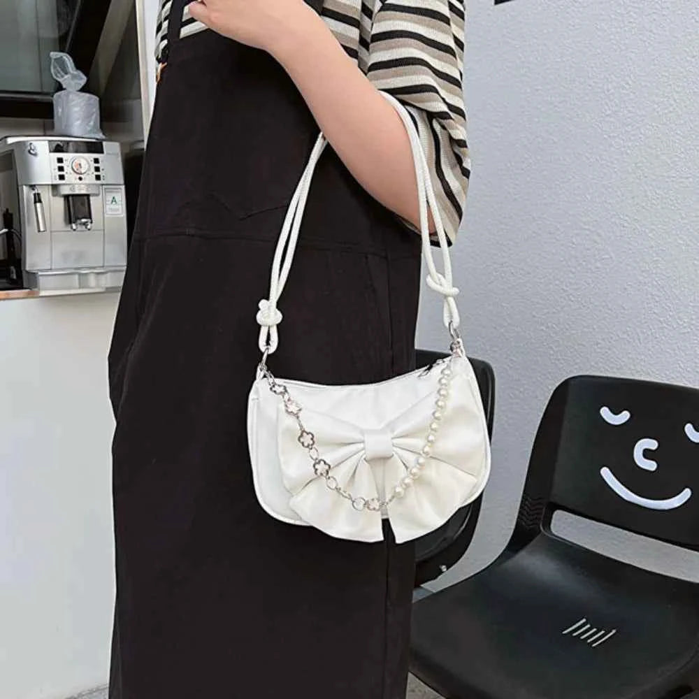 Trendy Pearl Bow Shoulder Bag Underarm Bag Daily Commuting Bag Casual Handbag Solid Business Women's Bag