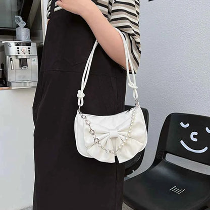 Trendy Pearl Bow Shoulder Bag Underarm Bag Daily Commuting Bag Casual Handbag Solid Business Women's Bag