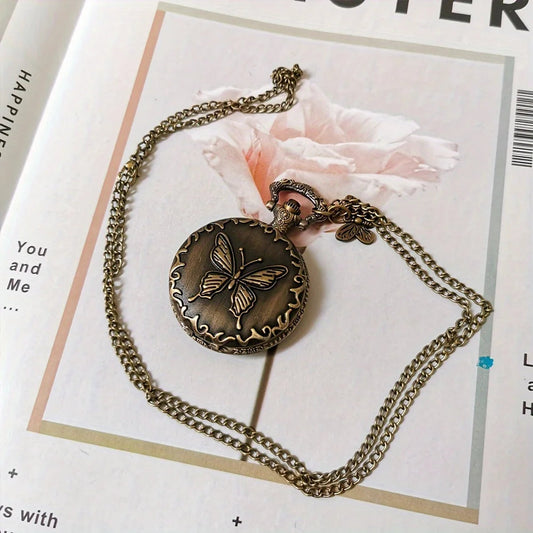 Vintage Cute Butterfly Pattern With Necklace Chain Pocket Watch Gift SS69