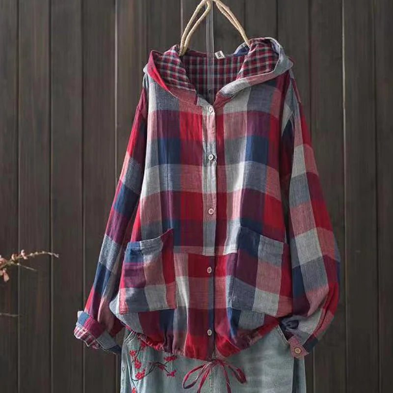 Large size blouses for women autumn spring hooded long sleeve single-breasted plaid shirts oversized shirt top female hoodies