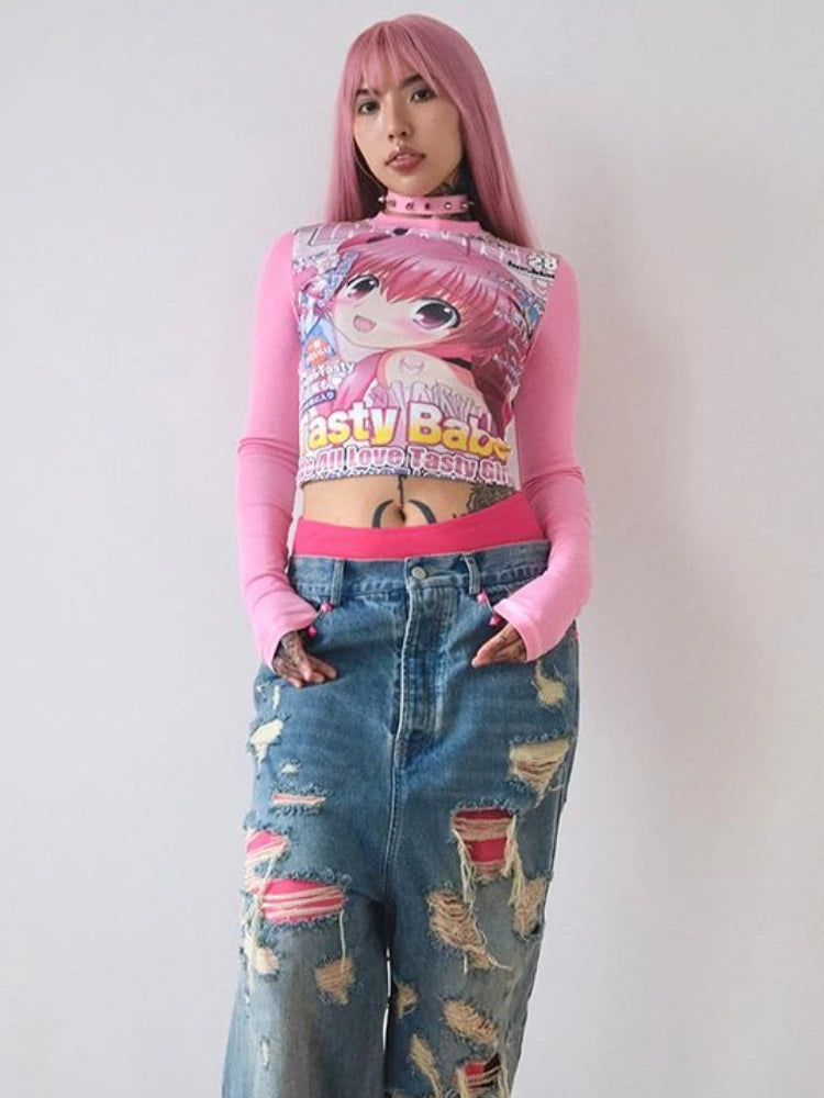 Deeptown Harajuku Kawaii Anime Graphic T Shirts Women Cutecore Cartoon Patchwork Tees Y2K Aesthetic Slim Crop Top Japanese 2000s SS69