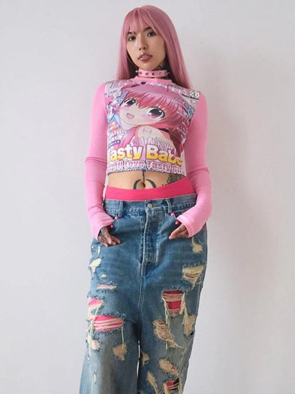 Deeptown Harajuku Kawaii Anime Graphic T Shirts Women Cutecore Cartoon Patchwork Tees Y2K Aesthetic Slim Crop Top Japanese 2000s SS69
