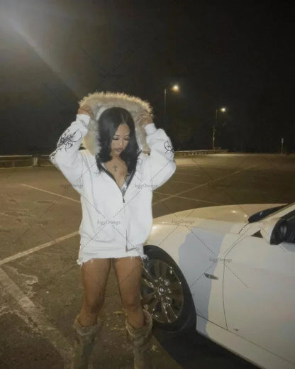 Y2K Fashion Collection Versatile Jacket Zip Up Hoodies Casual Plush fur Hooded Womens Comfortable Thickened Cardigan Coat Tops SS69