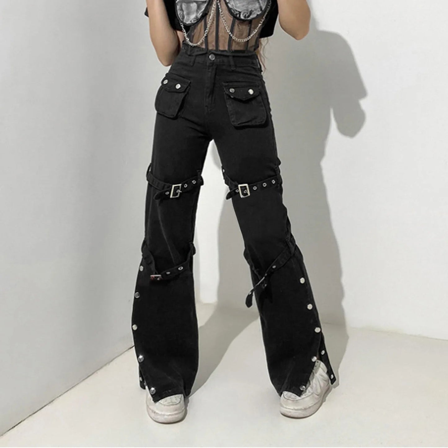 Streetwear Y2k Flared Jeans Women's Fashion Wide Straight Leg Punk Cargo Jean Baggy Pants Goth Trousers Streetwear With Pockets SS69