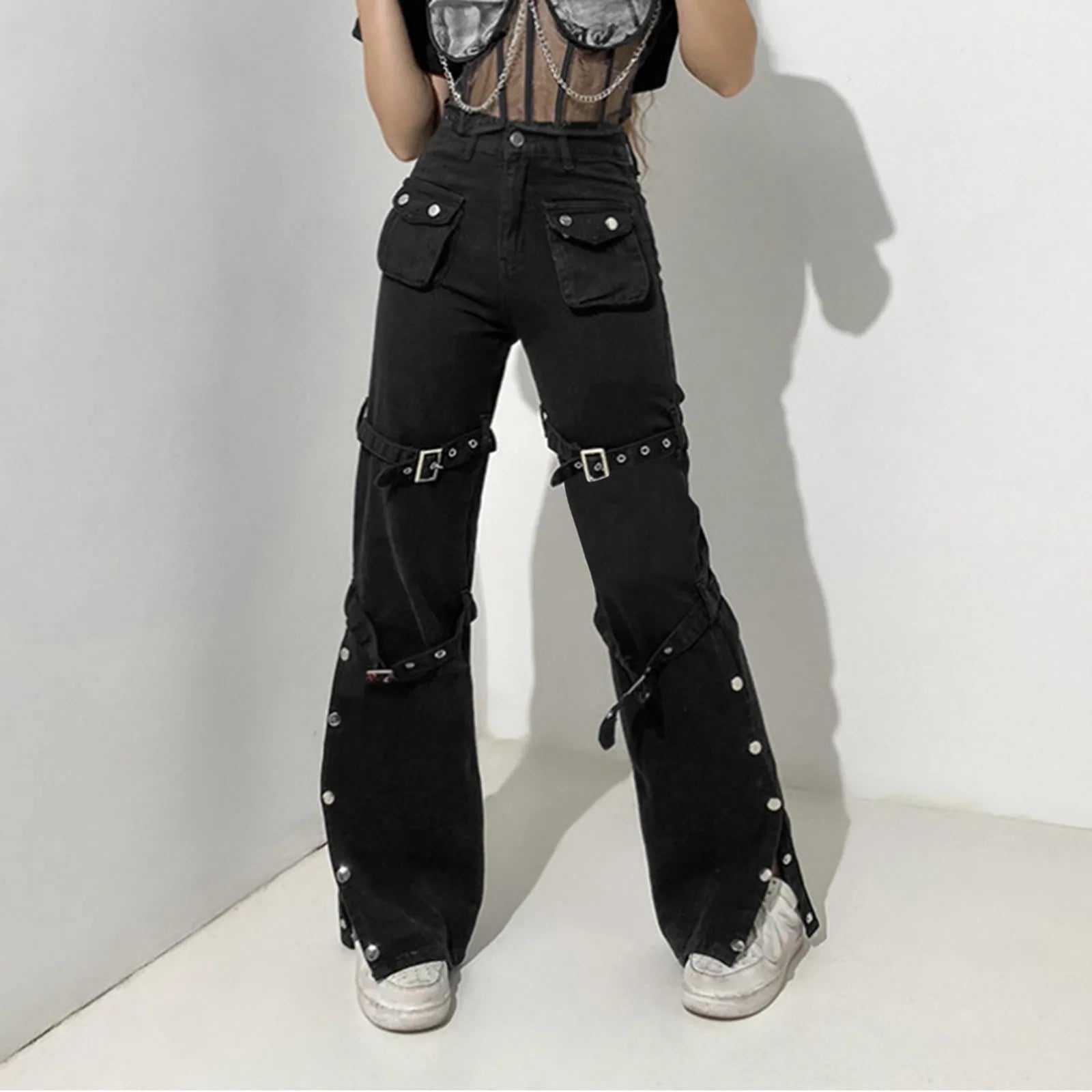 Streetwear Y2k Flared Jeans Women's Fashion Wide Straight Leg Punk Cargo Jean Baggy Pants Goth Trousers Streetwear With Pockets SS69