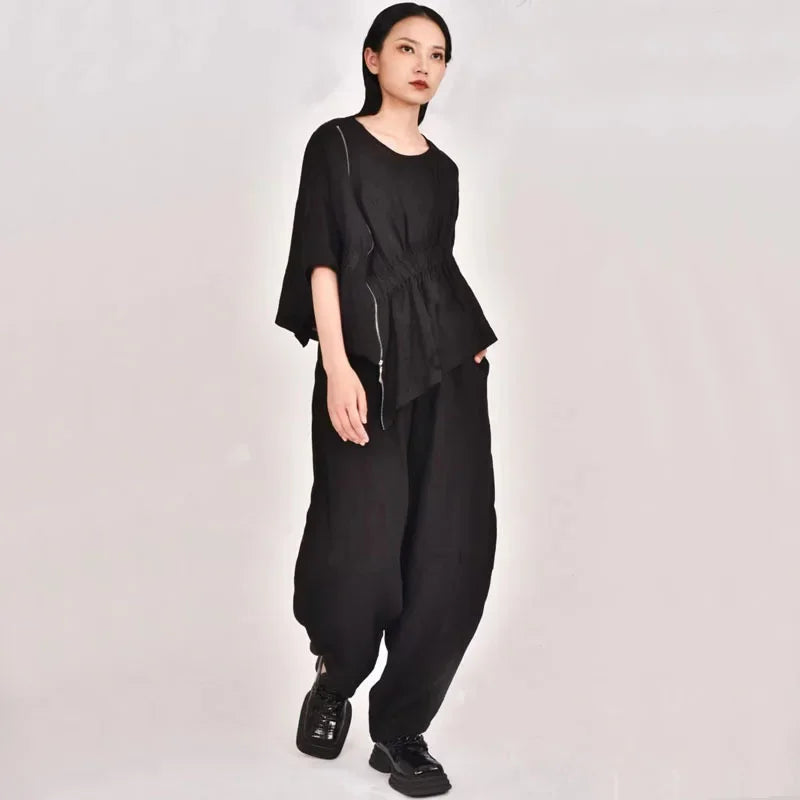 Summer New Loose Women's Artistic Linen Asymmetrical Shirt plus Size Harem Pants Comfortable Breathable Casual Wear SS69