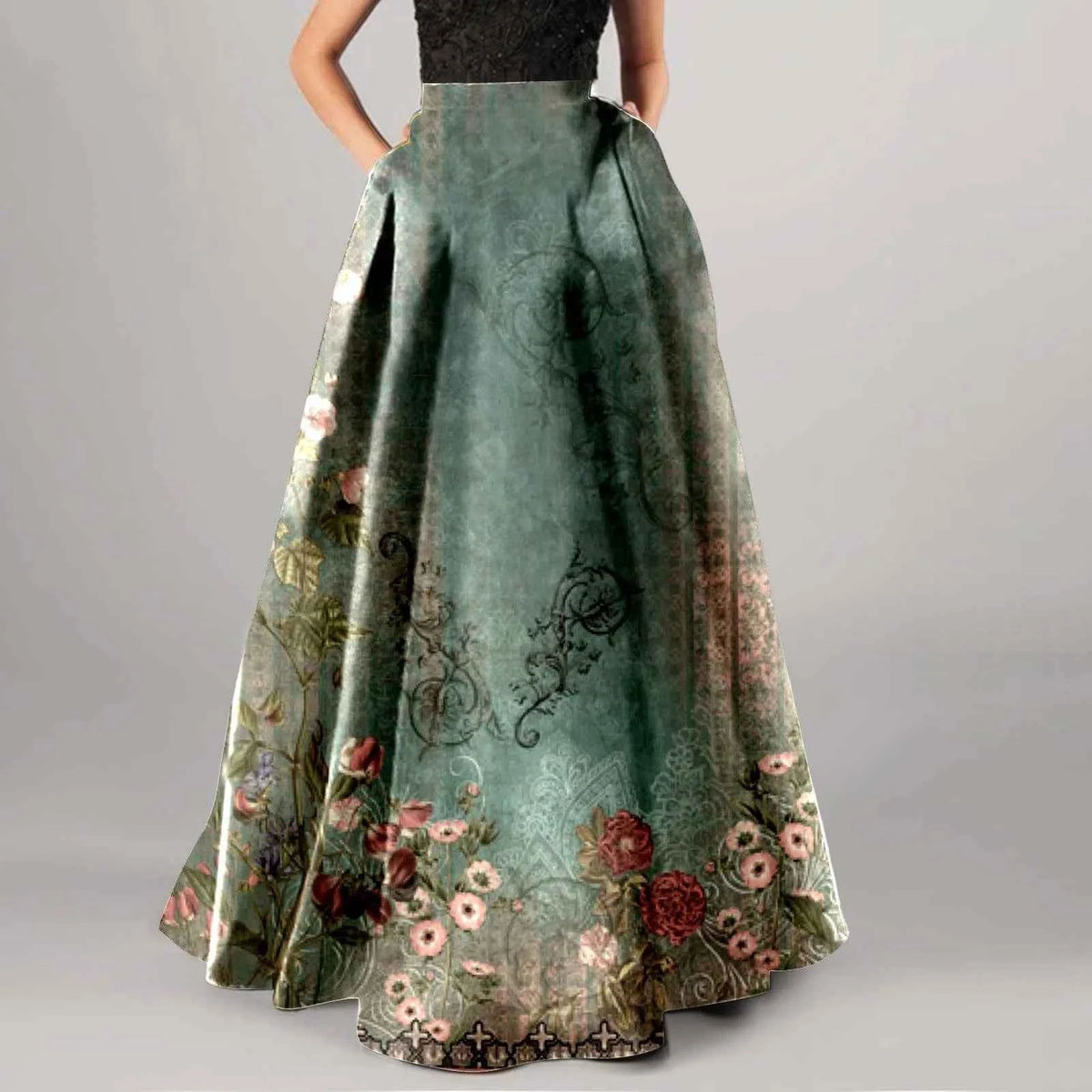 High Waist Pocket Skirts For Women Fashion Bohemian Floral Print Maxi Skirt Party Beach Long Skirt Elegant Vintage Clothing